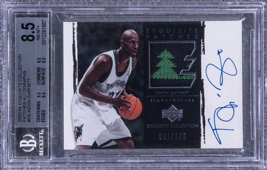 2003-04 UD "Exquisite Collection" Patches Autographs #KG Kevin Garnett Signed Game Used Patch Card (#001/100) – BGS NM-MT+ 8.5/BGS 10
